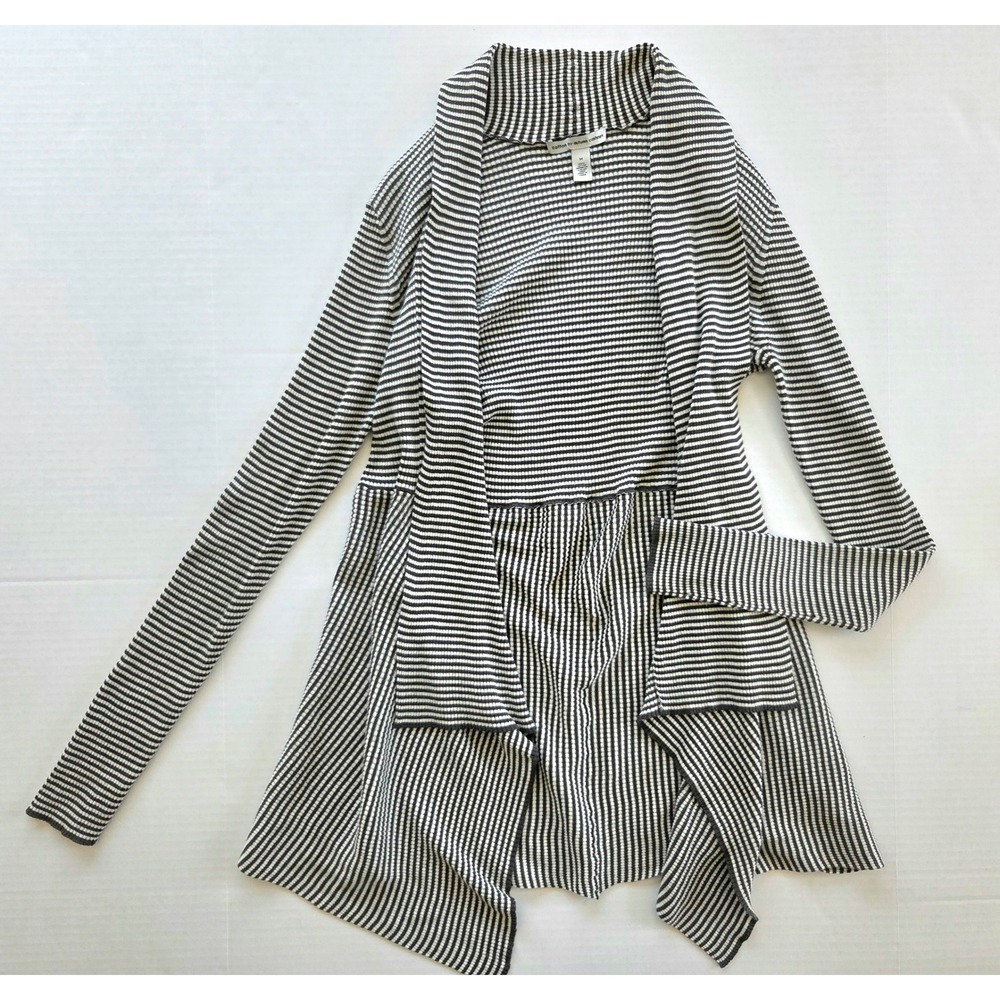 Cotton by Autumn Cashmere Striped Open Front Draped Cardigan Gray White Medium